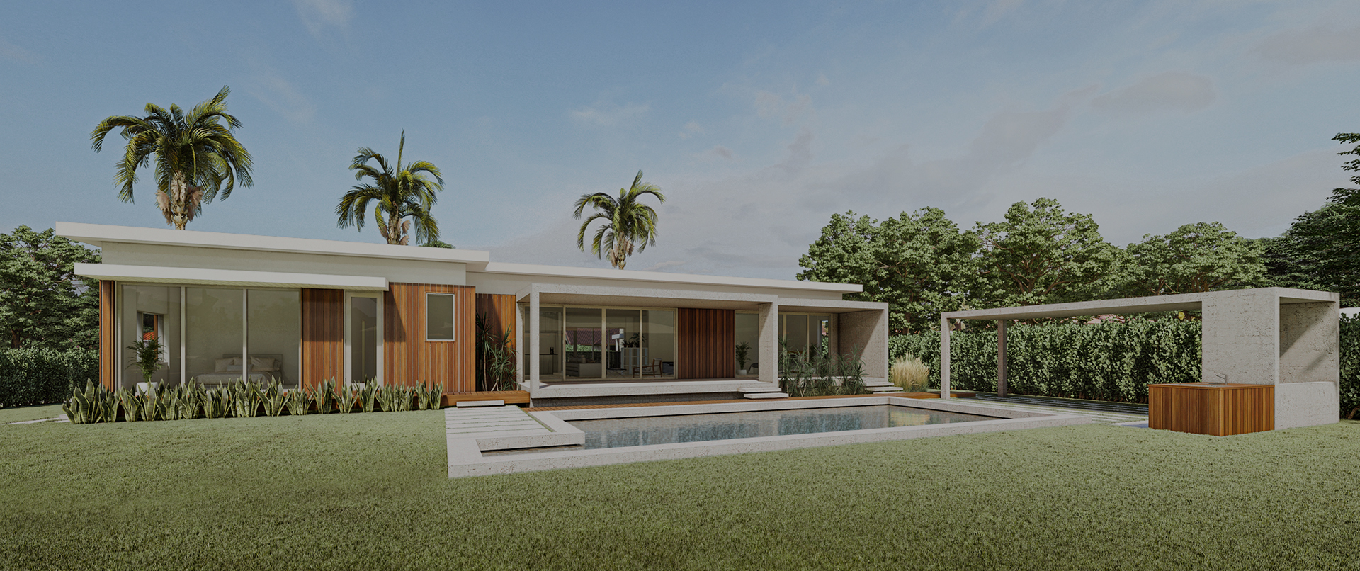 Luxury modern custom home with pool at dusk built by ATF Builders