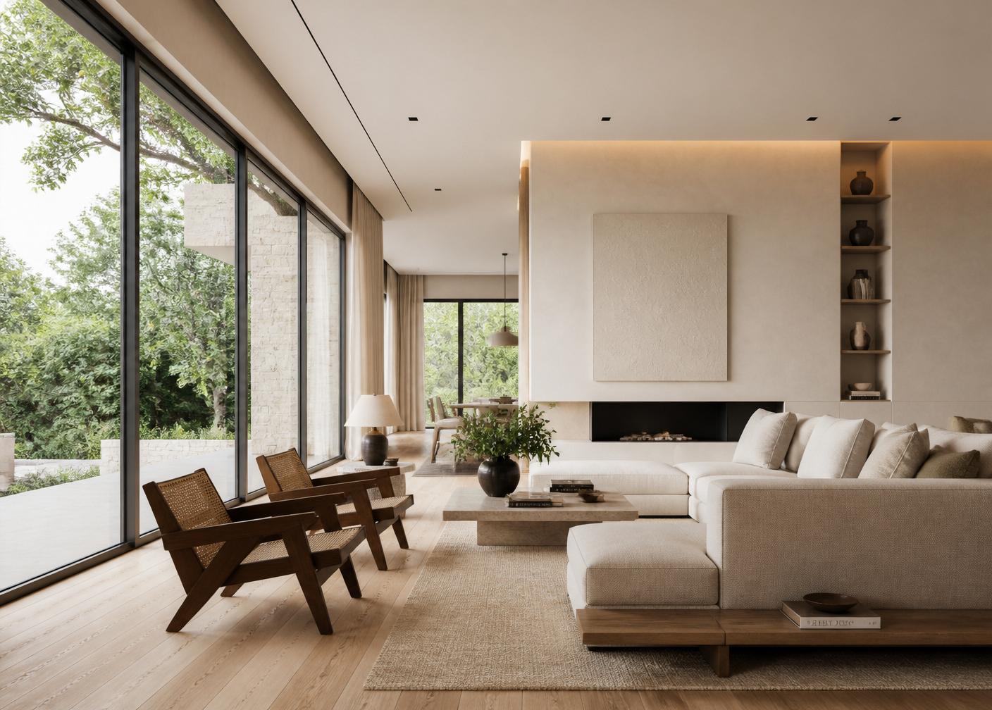 Serene luxury living room interior with floor-to-ceiling windows