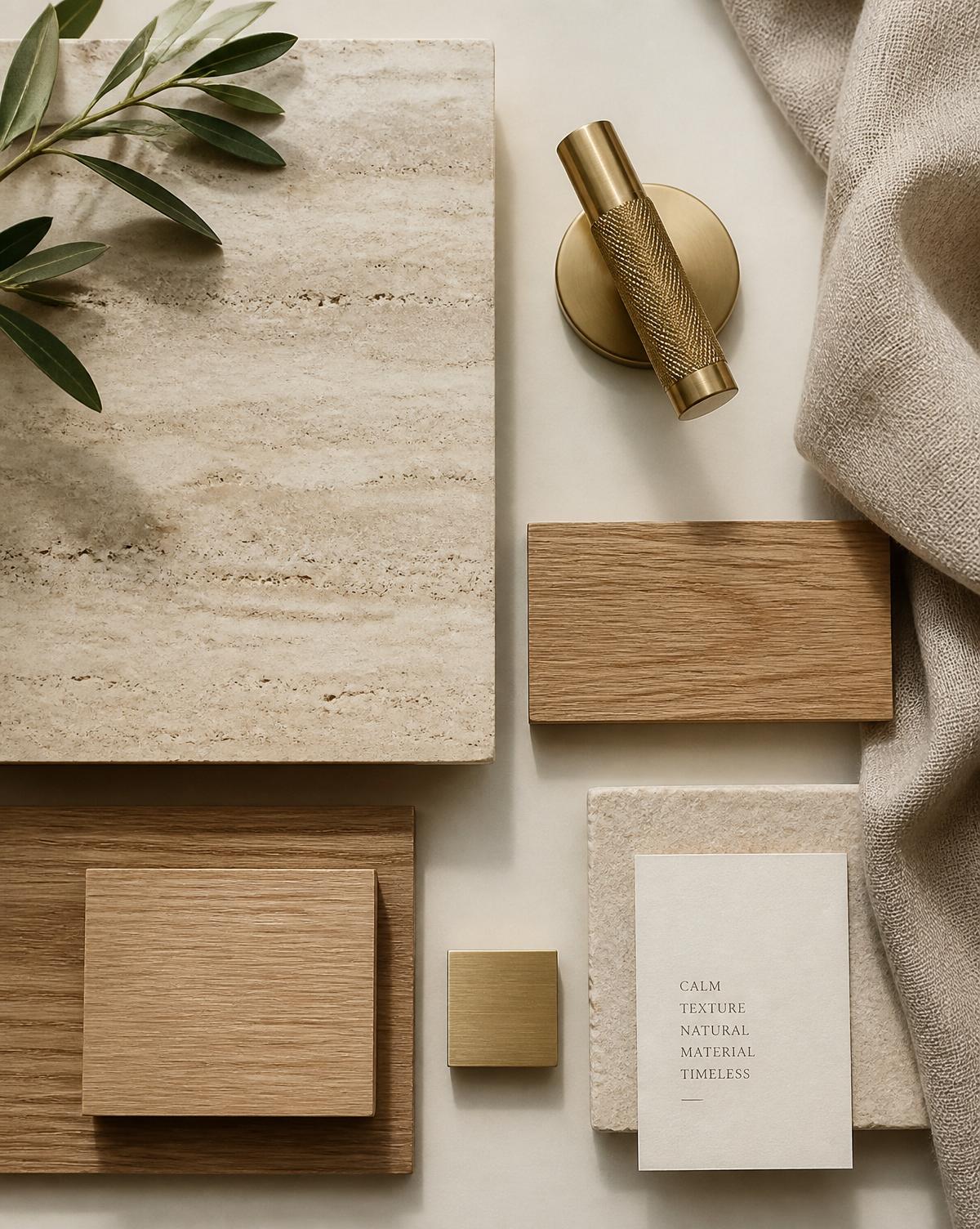 Flat lay of premium building materials — travertine, oak, brass, linen